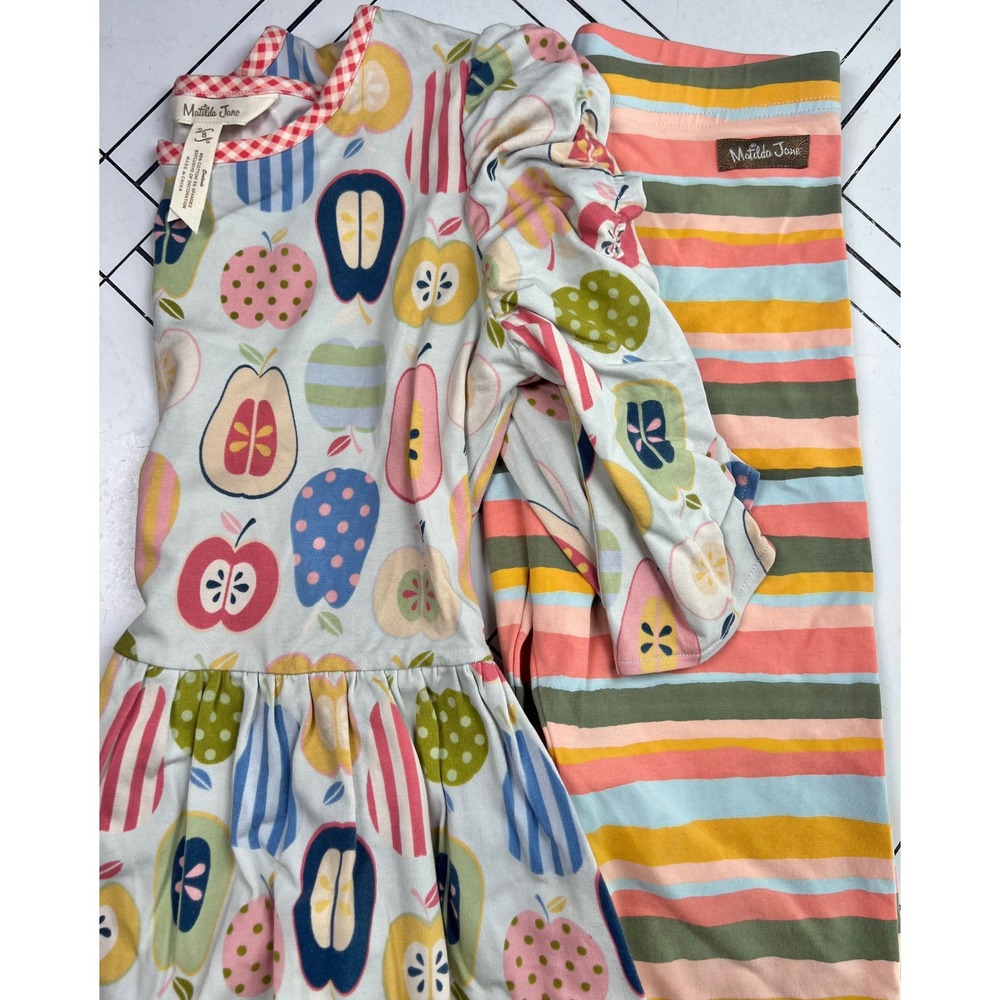 BUNDLE Matilda Jane Class President Apples Pears Dress; All Striped Out Leggings